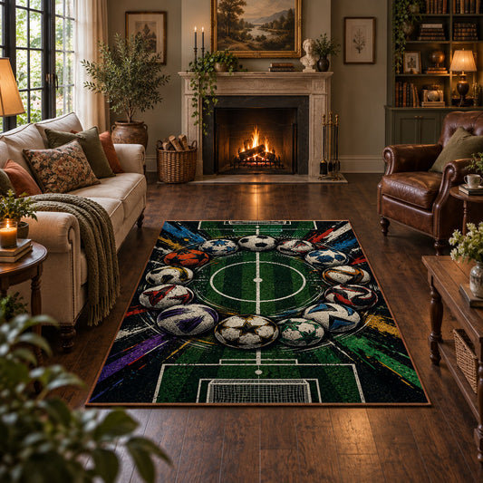 Stadium Goal Soccer Ball Area Rug styled in a living room