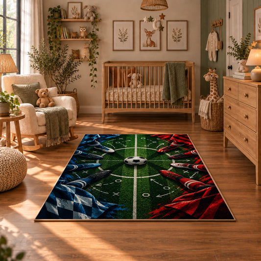 Red and Blue Midfield Football Area Rug styled in a cozy nursery