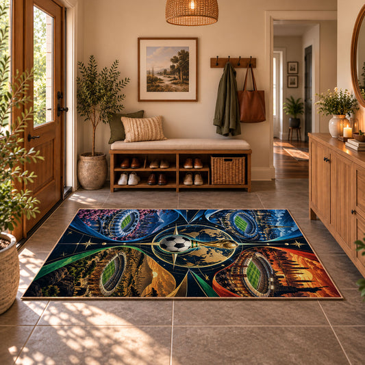 Color Spectrum Soccer Ball Area Rug styled in a welcoming entryway