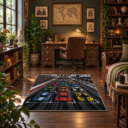 Triple Race Cars Neon Speedway Area Rug styled in a home office