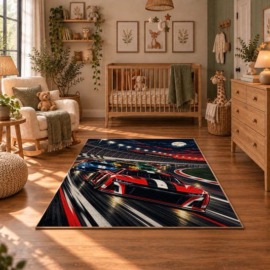 Red Stock Car Speed Lines Area Rug styled in a cozy nursery