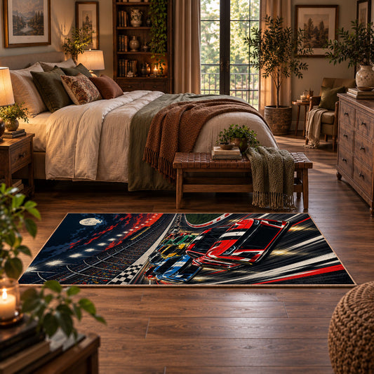 Red Stock Car Speed Lines Area Rug styled in a main bedroom