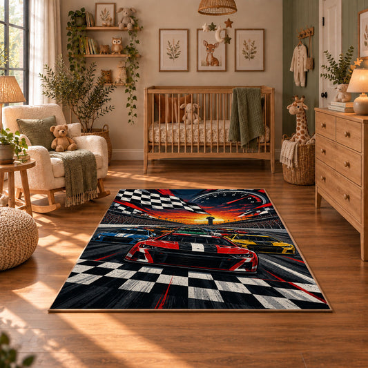 Checkered Finish Red Race Car Area Rug styled in a cozy nursery