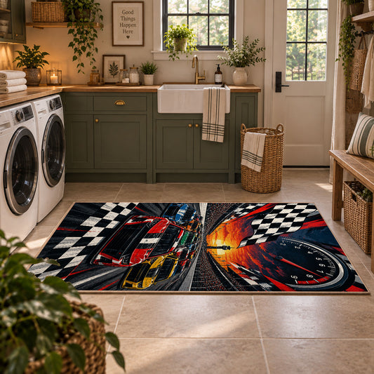 Checkered Finish Red Race Car Area Rug styled in a modern laundry room