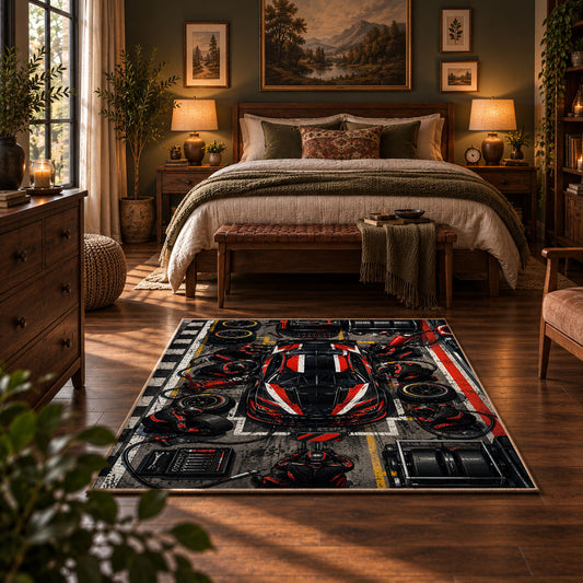 Red Track Car Tech Grid Area Rug styled in a bedroom corner