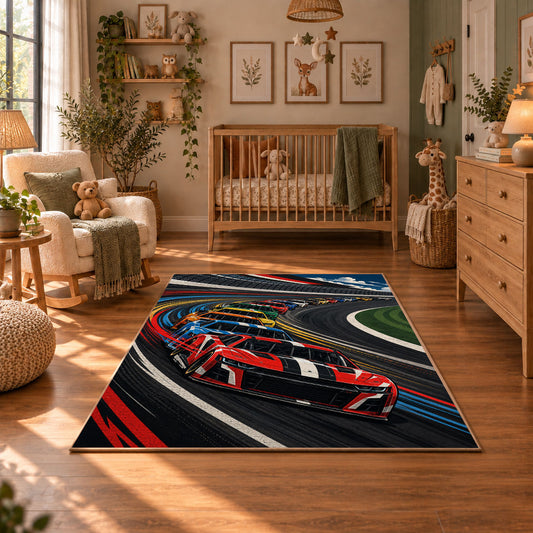Twin Race Cars Oval Circuit Area Rug styled in a cozy nursery