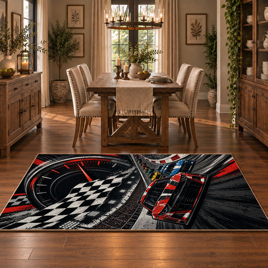 Red Stock Car Checkered Motion Area Rug styled in a dining room
