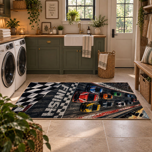 Race Car Checkered Grid Area Rug styled in a modern laundry room