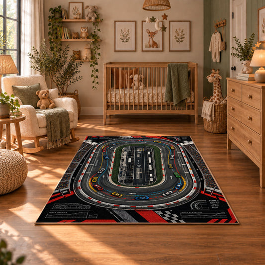 Aerial Speedway Circuit Area Rug styled in a cozy nursery