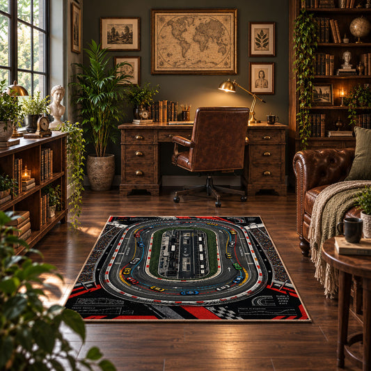 Aerial Speedway Circuit Area Rug styled in a home office
