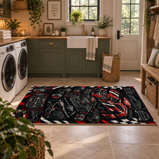 Vintage Motorsport Engine Collage Area Rug styled in a modern laundry room
