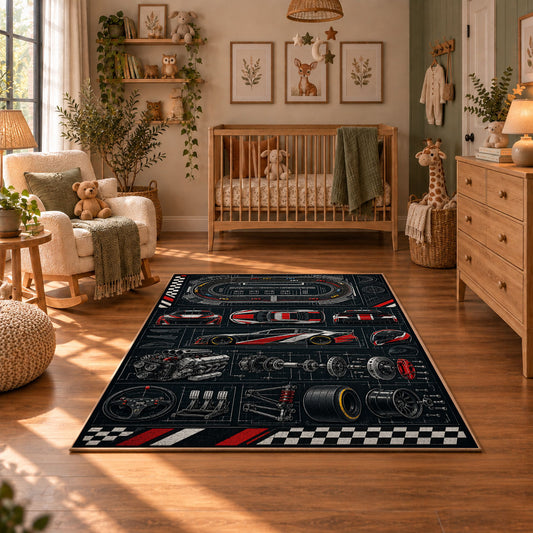 Race Car Dashboard Blueprint Area Rug styled in a cozy nursery