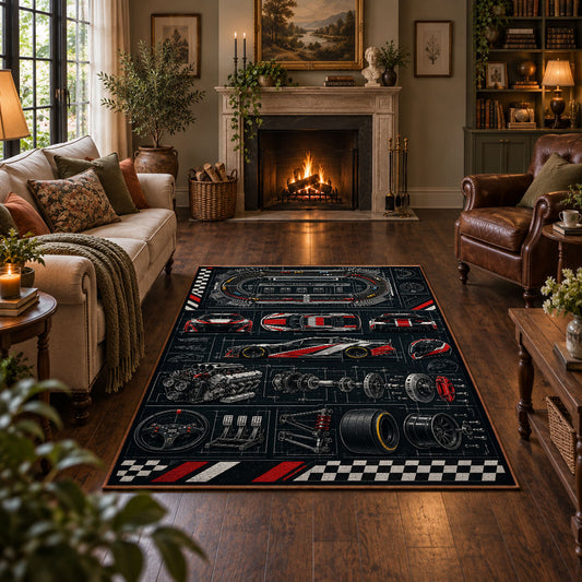 Race Car Dashboard Blueprint Area Rug styled in a living room