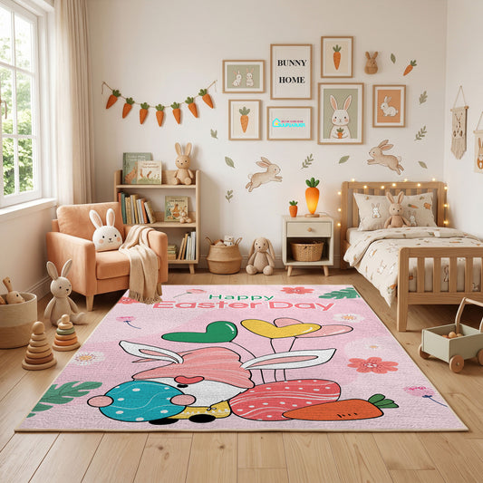 Happy Easter Gnome Heart Rug — styled nursery room view