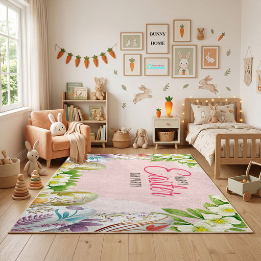 Watercolor Easter Floral Rug — styled nursery room view