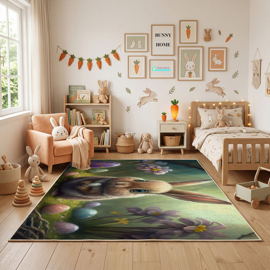 Woodland Bunny Portrait Rug — full rug design