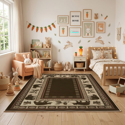 Vintage Wildlife Border Rug — styled nursery room view