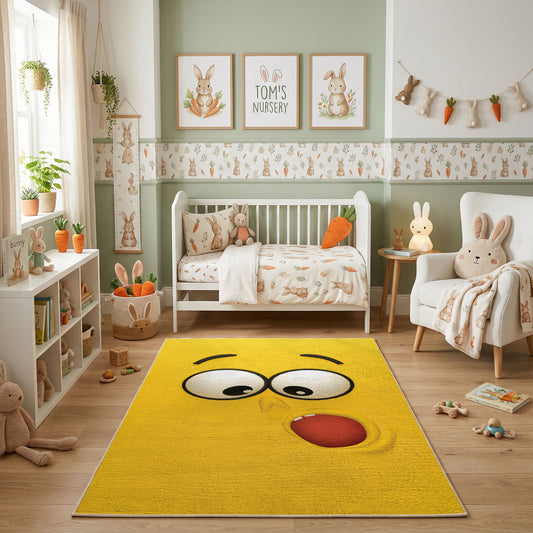Silly Yellow Face Area Rug — styled nursery room view