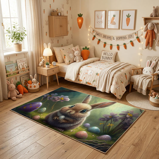 Woodland Bunny Portrait Rug — styled nursery room view