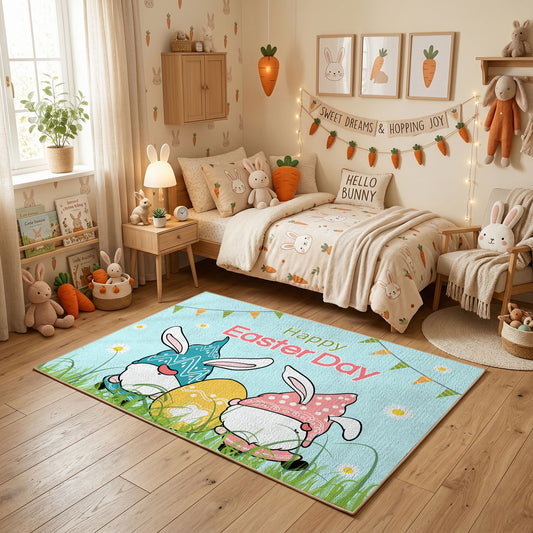 Happy Easter Boy Gnome Rug — styled nursery room view