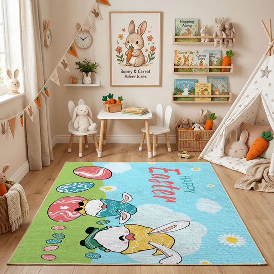 Happy Easter Bunny Gnome Area Rug — styled nursery room view