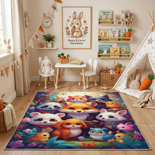 Colorful Baby Animal Friends Rug — styled nursery room view