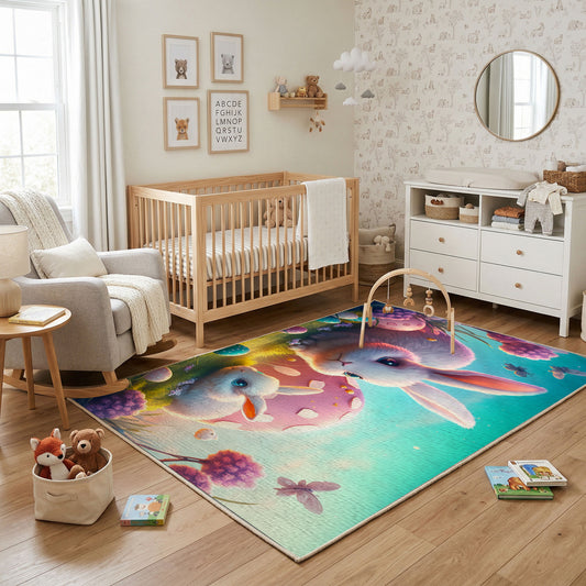Fantasy Bunny Mushroom Area Rug — styled nursery room view