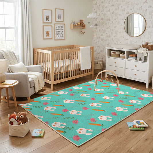 Mint Bunny Carrot Pattern Rug — full rug design