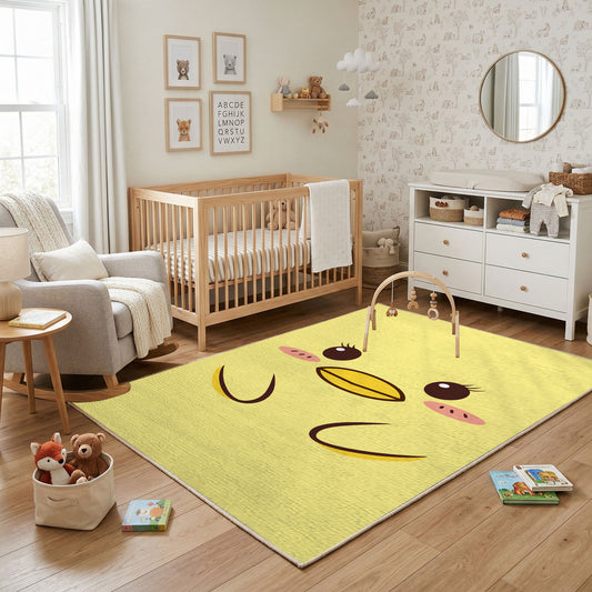 Yellow Winking Face Area Rug — styled nursery room view