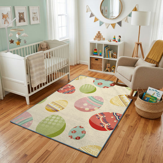 Pastel Easter Egg Pattern Rug — styled nursery room view