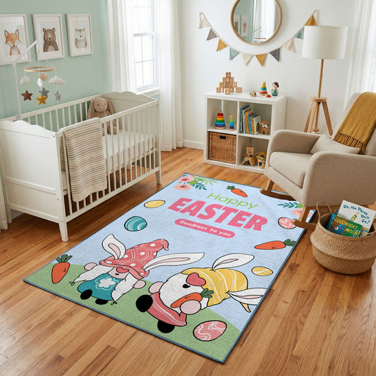 Happy Easter Gnome Rug — styled nursery room view