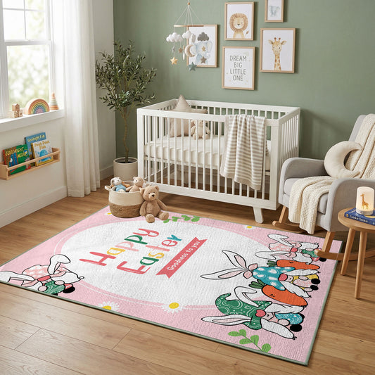 Happy Easter Gnome Family Rug — styled nursery room view