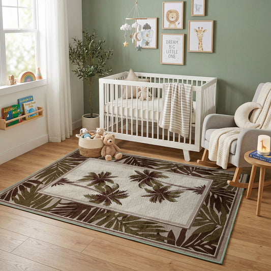 Tropical Palm Landscape Rug — styled nursery room view