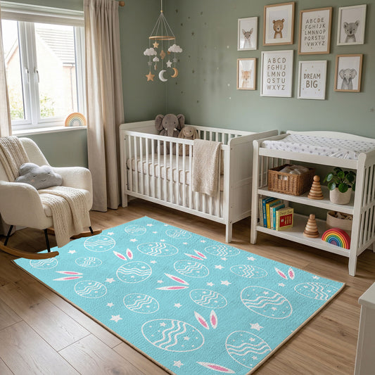 Pastel Easter Egg Outline Rug — styled nursery room view