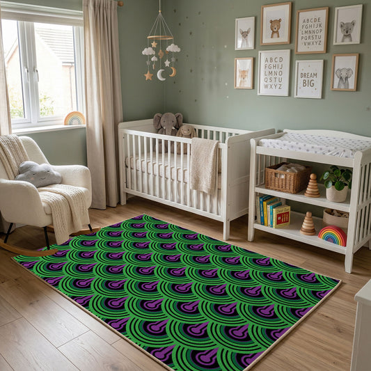 Purple Green Optical Wave Rug — styled nursery room view