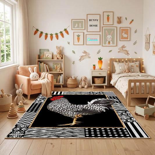 Black and White Zebra Area Rug, Graphic Safari Animal Carpet, Modern Room Decor – full rug view