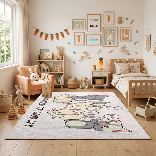 Playful Elephant Family Area Rug, Cute Nursery Animal Carpet, Kids Room Decor – full rug view