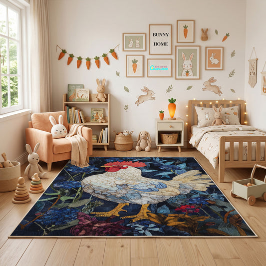Fantasy Koi and Bird Area Rug, Dark Botanical Animal Carpet, Artistic Room Decor – featured room view