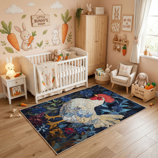 Fantasy Koi and Bird Area Rug, Dark Botanical Animal Carpet, Artistic Room Decor – full rug view