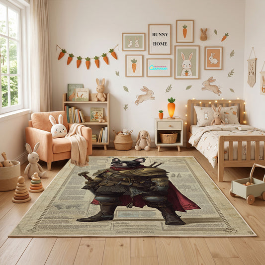 Medieval Bear Knight Area Rug, Rustic Fantasy Animal Carpet, Adventure Decor – full rug view