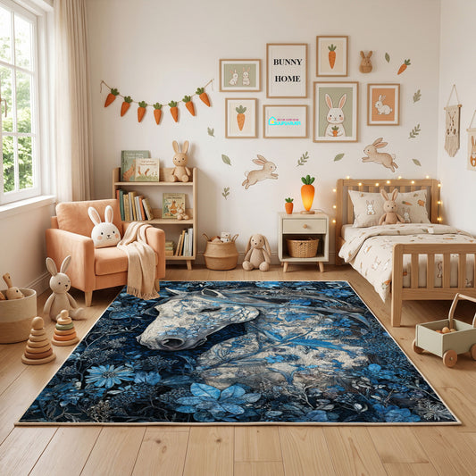 Moonlit Wolf Pack Area Rug, Blue Forest Animal Carpet, Rustic Room Decor – full rug view