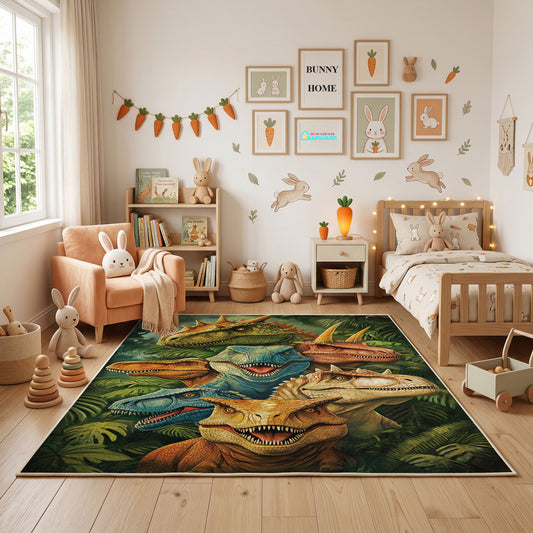 Colorful Dinosaur Jungle Area Rug, Prehistoric Animal Carpet, Kids Room Decor – full rug view