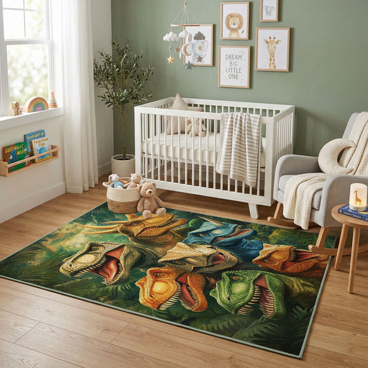 Dinosaur Family Jungle Area Rug, Green Prehistoric Carpet, Playroom Decor – featured room view