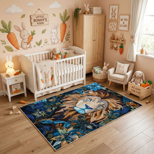 Floral Tiger Cub Area Rug, Blue Botanical Animal Carpet, Artistic Room Decor – featured room view