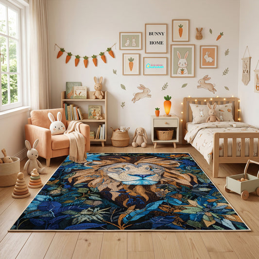 Floral Tiger Cub Area Rug, Blue Botanical Animal Carpet, Artistic Room Decor – full rug view