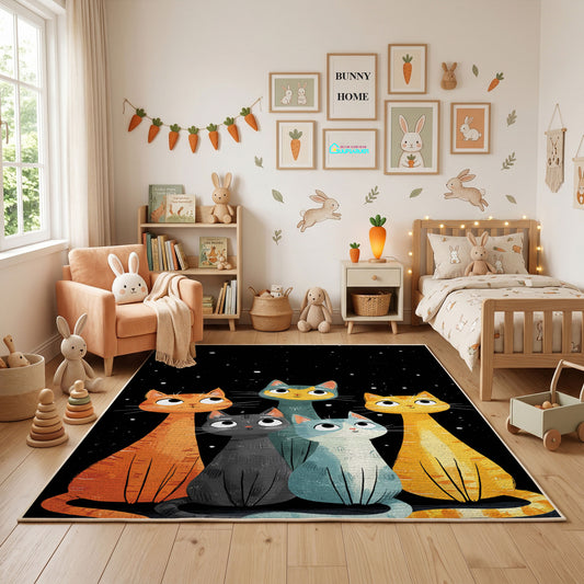 Colorful Cat Trio Area Rug, Modern Feline Carpet, Playful Kids Room Decor – featured room view