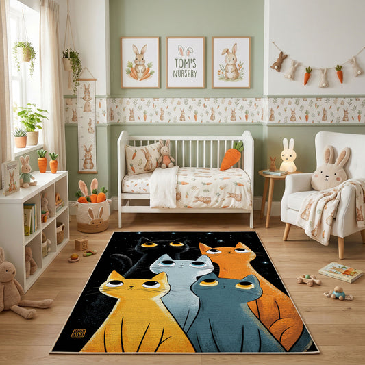 Modern Cat Family Area Rug, Orange Teal Feline Carpet, Kids Room Decor – featured room view