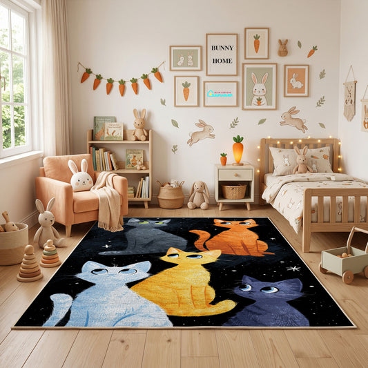 Night Sky Cat Family Area Rug, Blue Orange Feline Carpet, Cozy Room Decor – featured room view