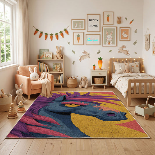 Colorful Tropical Bird Area Rug, Abstract Parrot Carpet, Modern Room Decor – full rug view