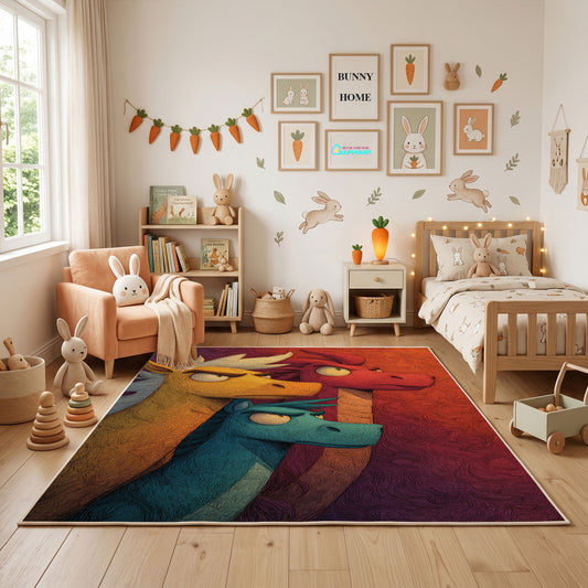 Playful Blue Bird Area Rug, Colorful Cartoon Animal Carpet, Kids Room Decor – full rug view